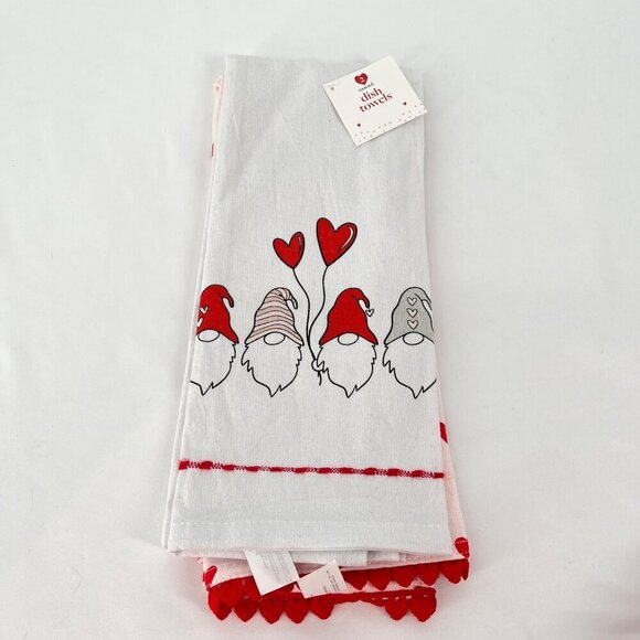 Valentines Day Gnome Dish‎ Towels Set Of 8 100% Cotton Red & White - Picture 2 of 9